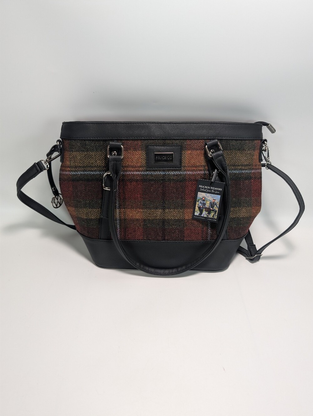 Mucros Weavers Ireland Kelly Plaid Tweed & Vegan Leather Handbag NWT